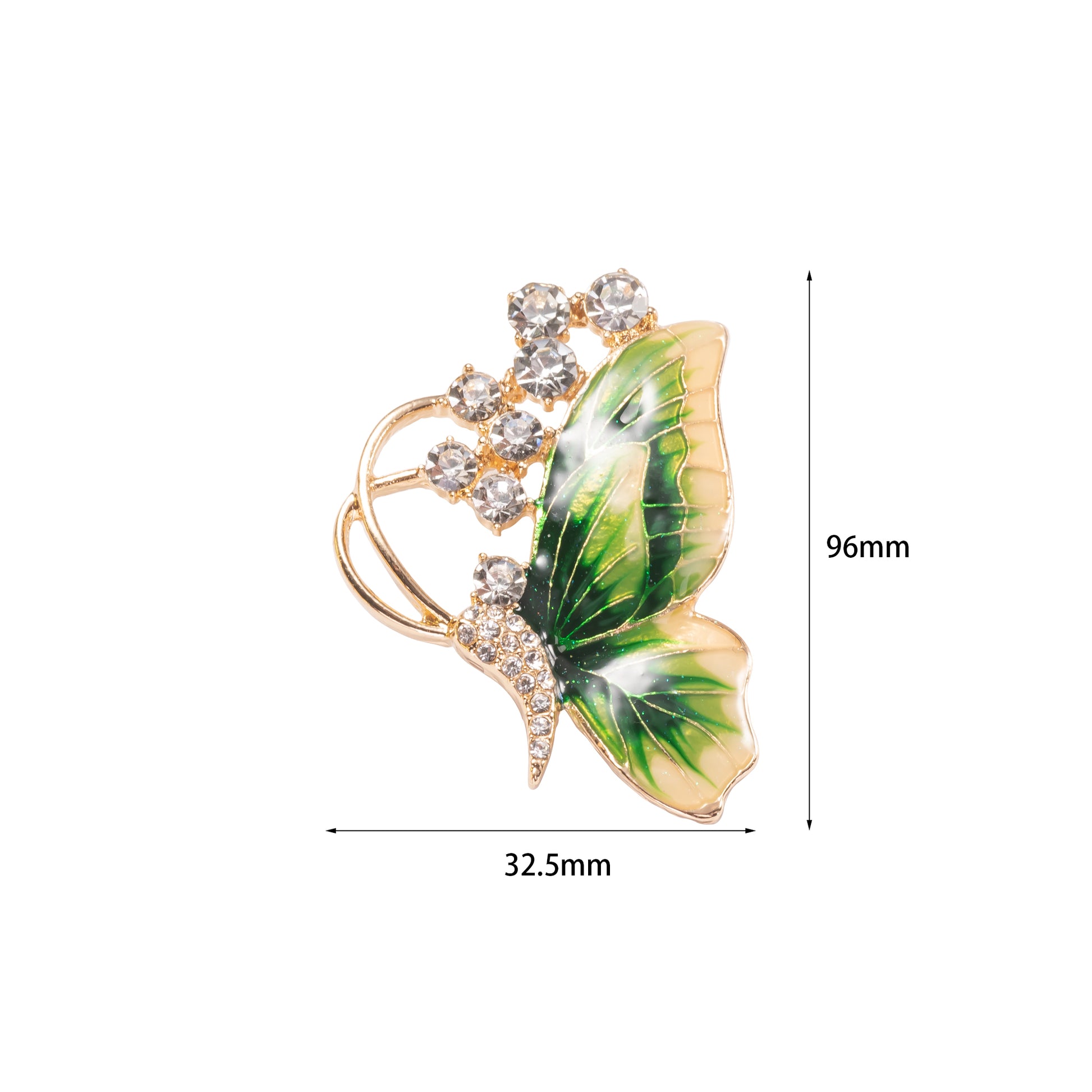 Butterfly-shaped brooch with green wings and gold accents, featuring dimensions on a white background.