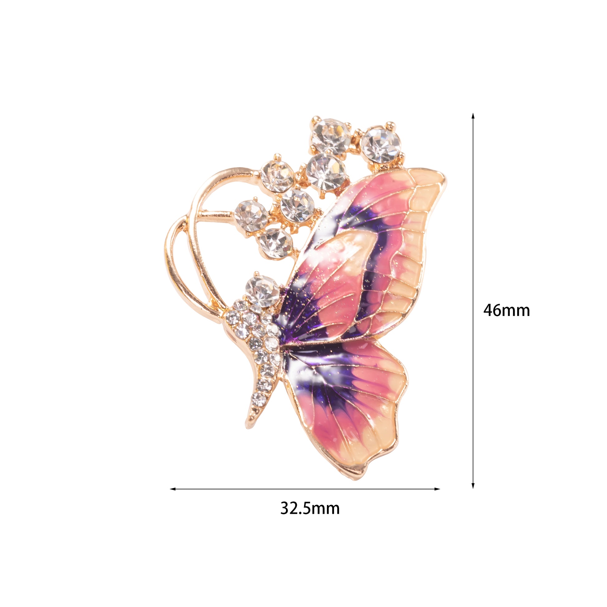 Butterfly-shaped brooch with gemstones and measurements on a white background