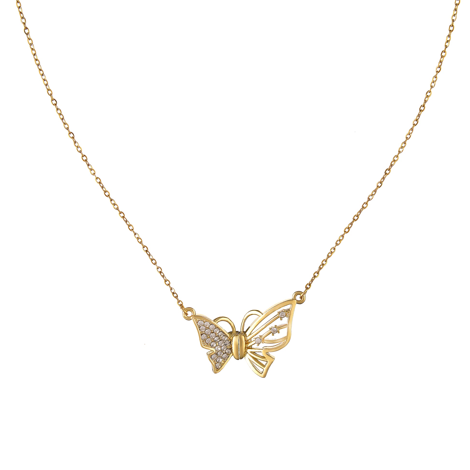 Butterfly Necklace with Magnetic Opening in Brass and Simulated Diamond 18"with 2" extender in Yellow Gold Overlay