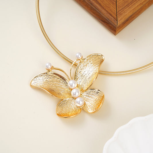 Butterfly and Pearl Collar Necklace in Yellow Gold Over Brass
