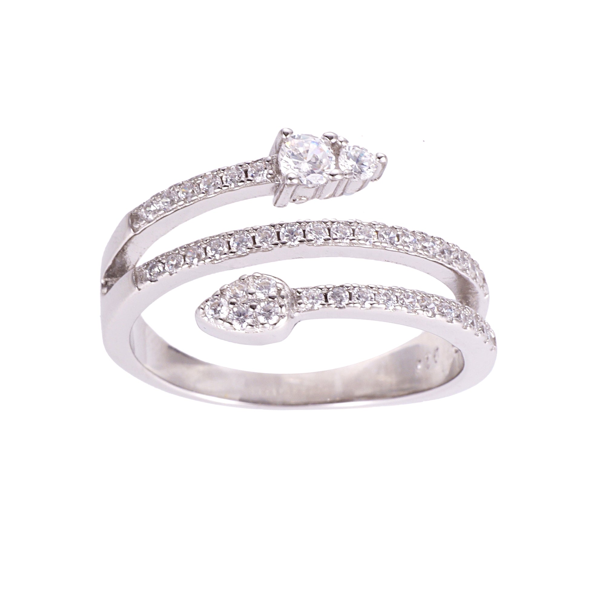 A sterling silver bypass ring with a snake design and sparkling cubic zirconia accents.