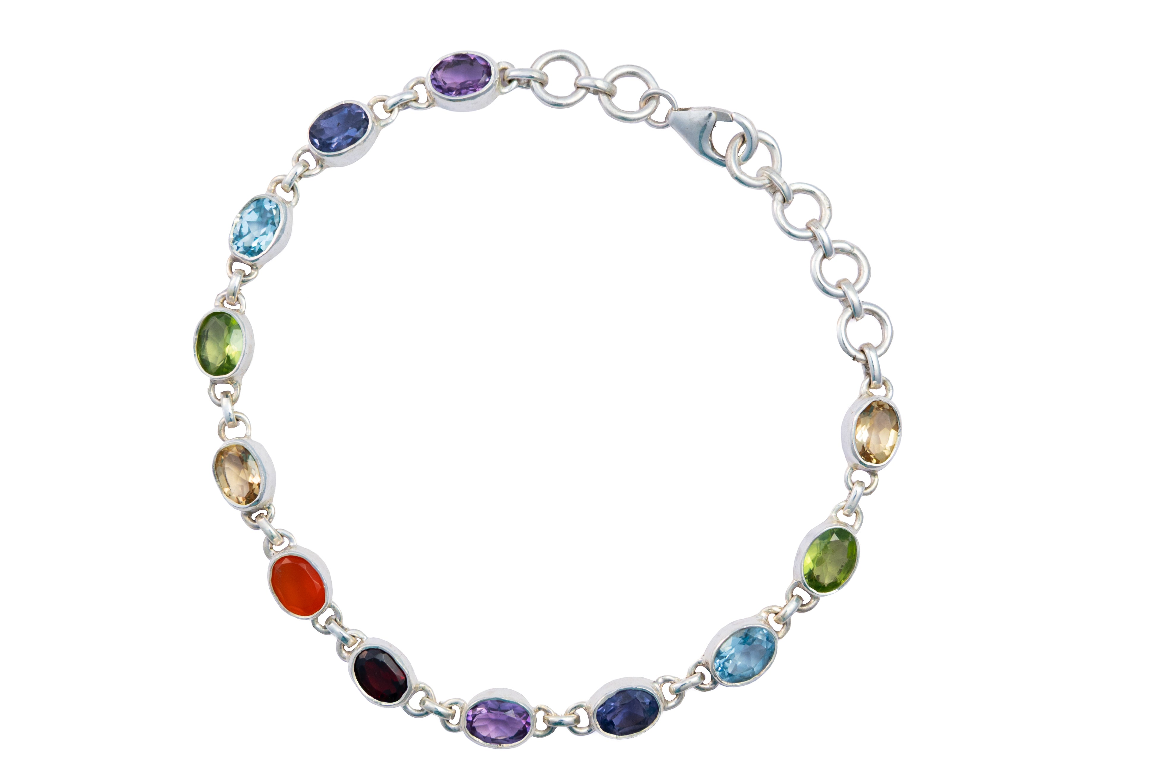 Multicolored Chakra gemstone bracelet on a white background