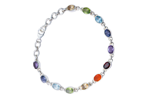 Multicolored Chakra gemstone bracelet on a white background