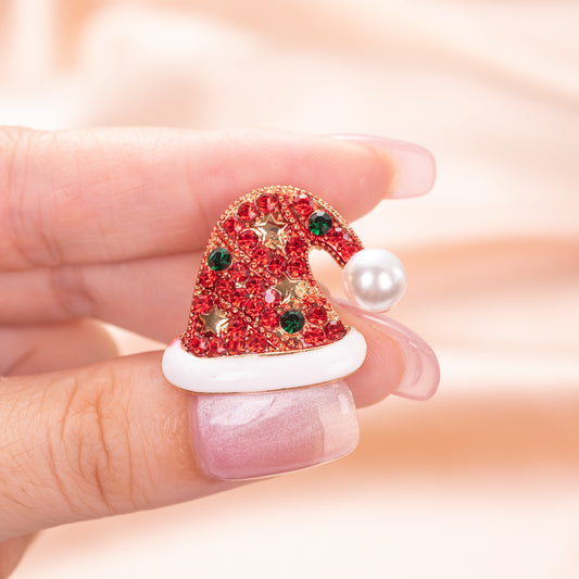 Christmas Santa hat brooch pin with vibrant red crystal and polished silver-tone trim