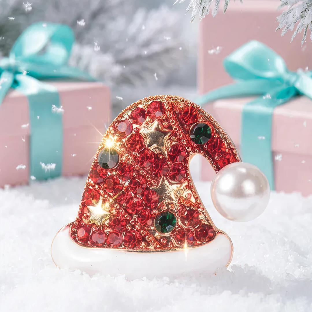 Decorative red hat ornament with lights and pearls on a snowy background with Christmas presents.