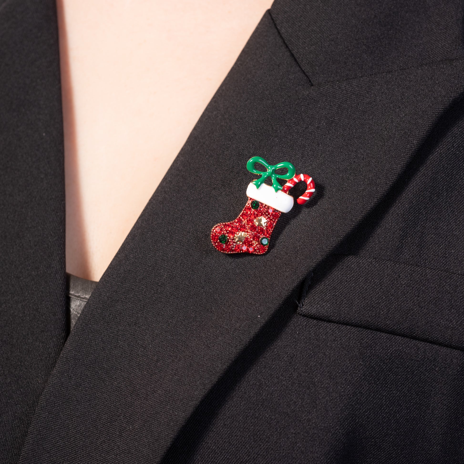 red enamel Christmas stocking brooch pin with red crystal accents