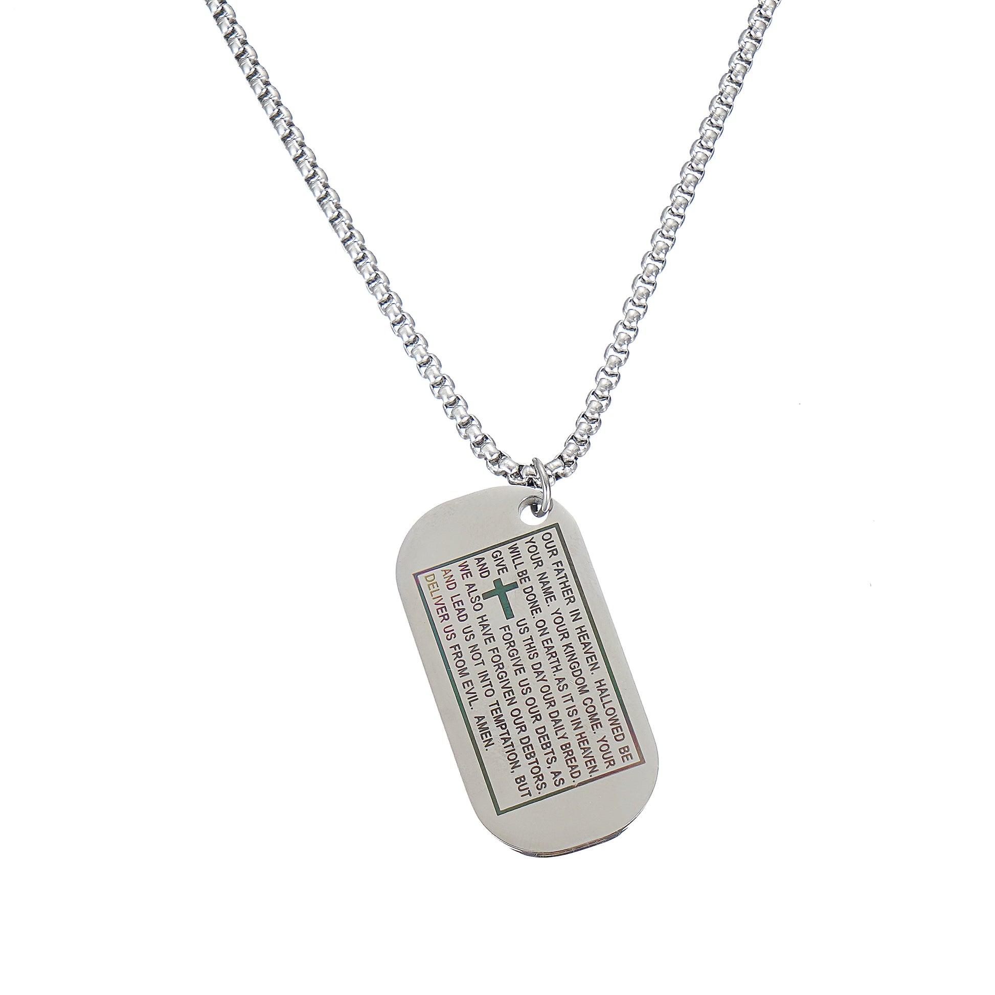 Close-up of laser engraved Lord's Prayer scripture on stainless steel dog tag.
