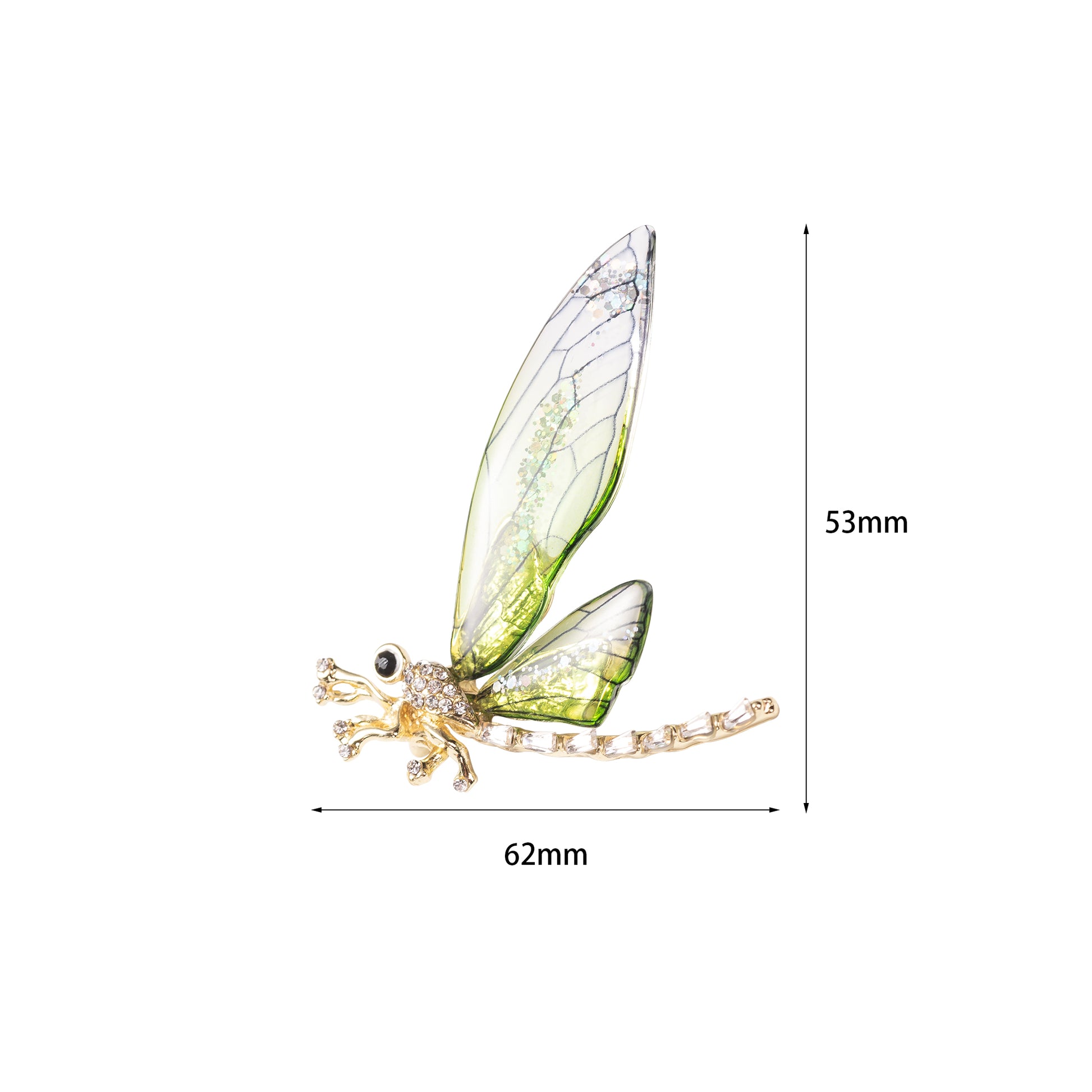 Close-up of the crystal-embellished wings on the gold dragonfly lapel pin