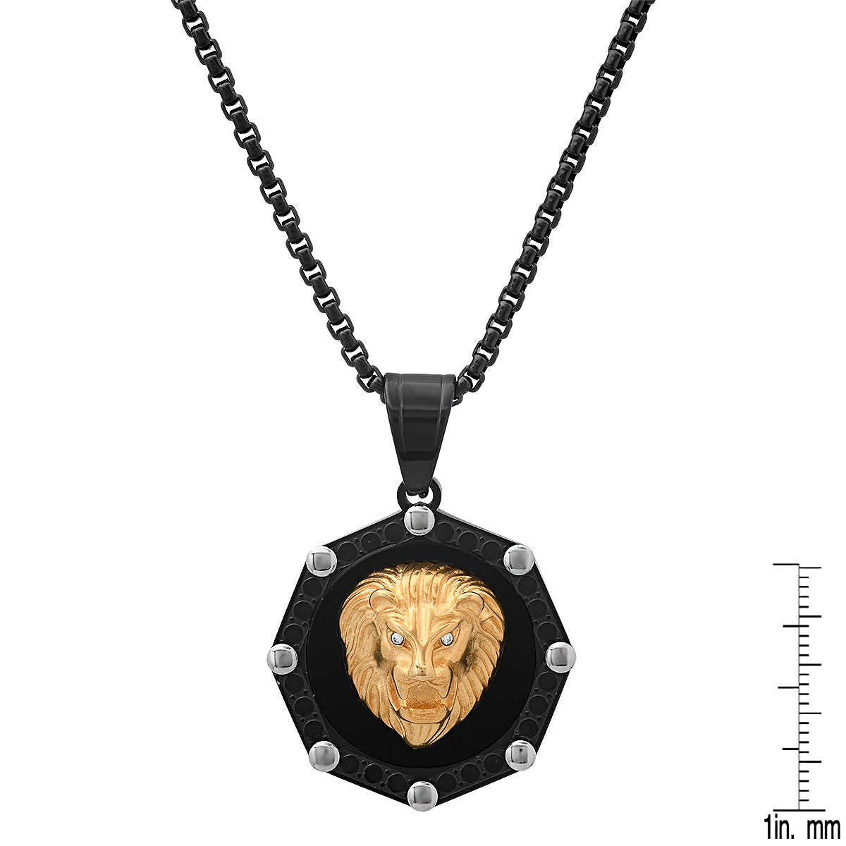 Close-up of the intricate lion mane detailing and sturdy round box chain on the men's gold pendant