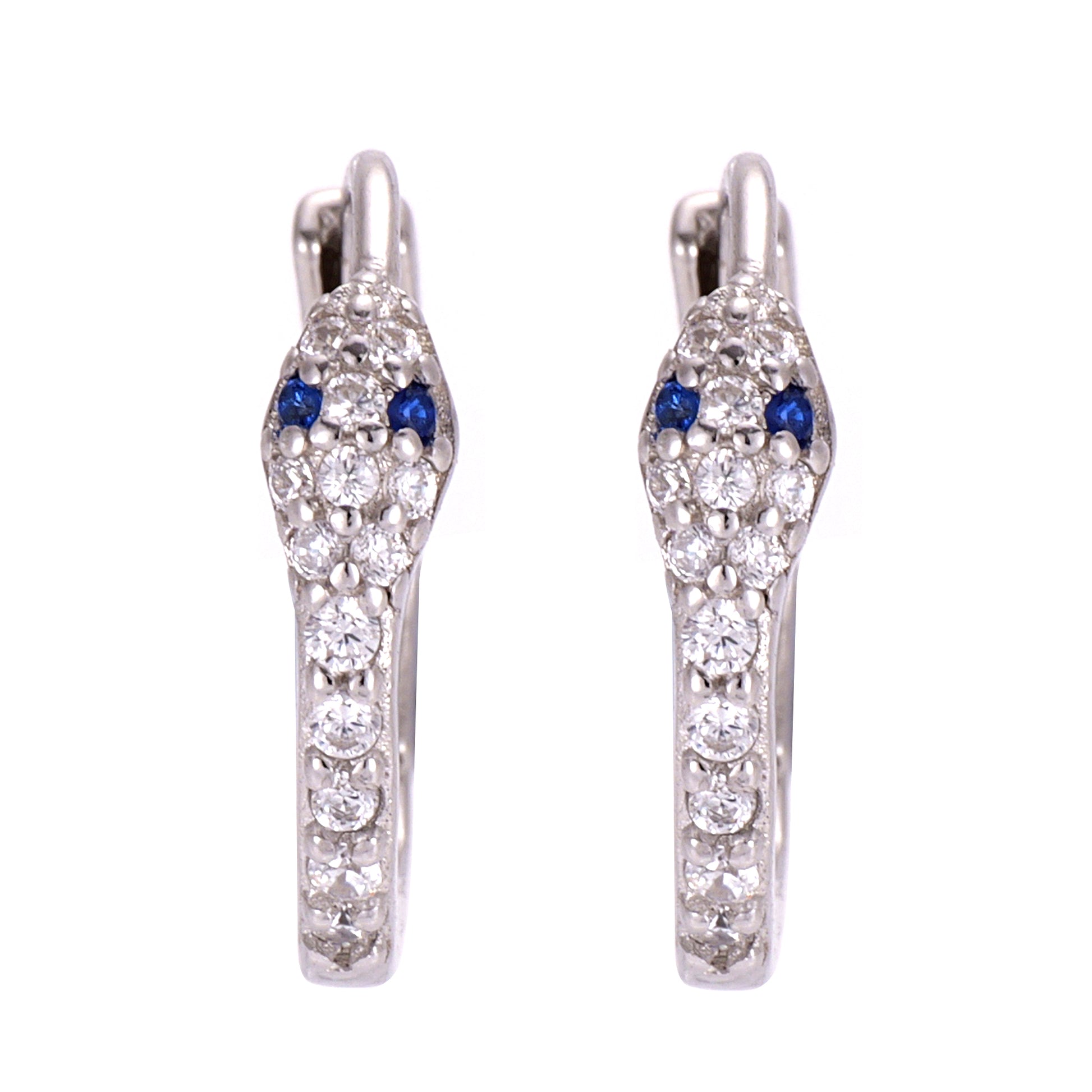 Close-up of the shimmering CZ scales and red crystal eyes on the sterling silver snake huggie earrings
