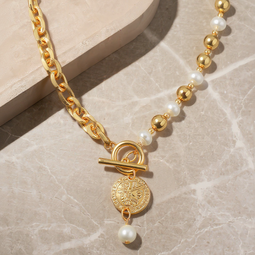 Coin Necklace with Pearl and T lock