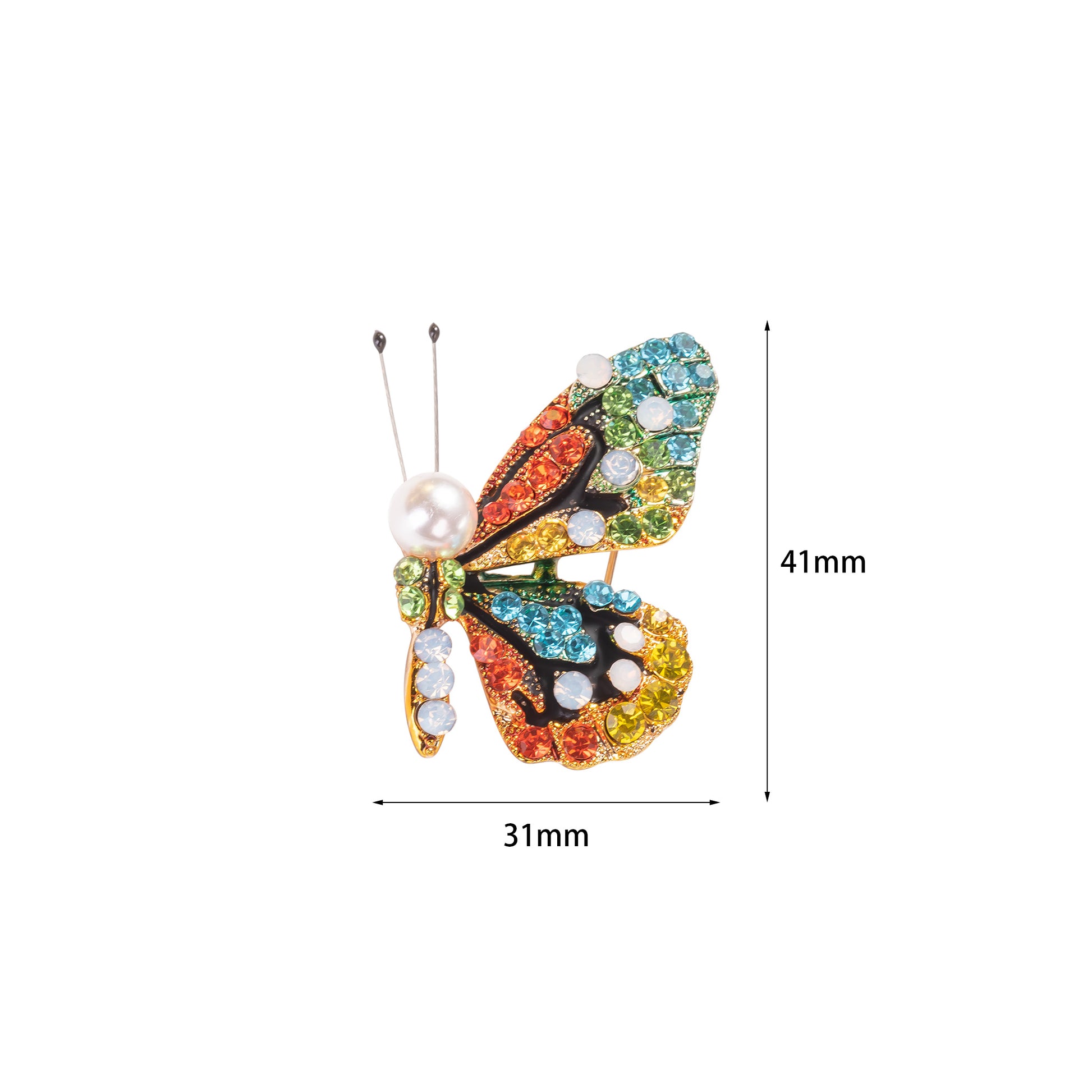 Colorful butterfly-shaped brooch with gemstones and pearl center, shown with measurements on a white background.