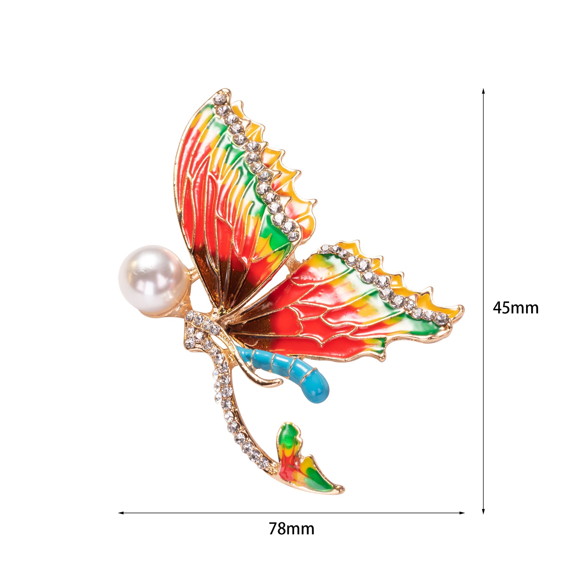 Colorful butterfly-shaped brooch with pearl and gemstones, shown with measurements on a white background.
