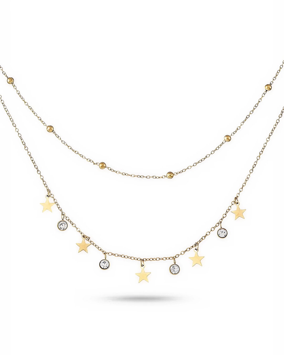 Star Charm Layered Necklace with Diamond Simulated in Stainless Steel in IP Yellow Gold 18"+2" extender