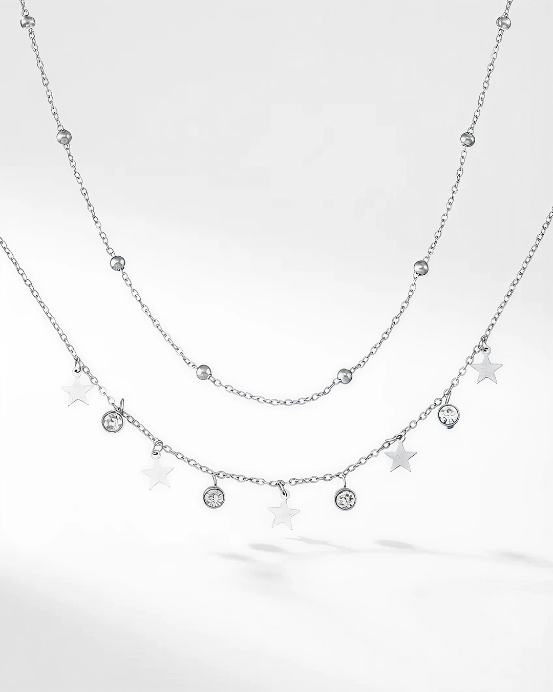 Star Charm Layered Necklace with Diamond Simulated in Stainless Steel 18"+2" extender
