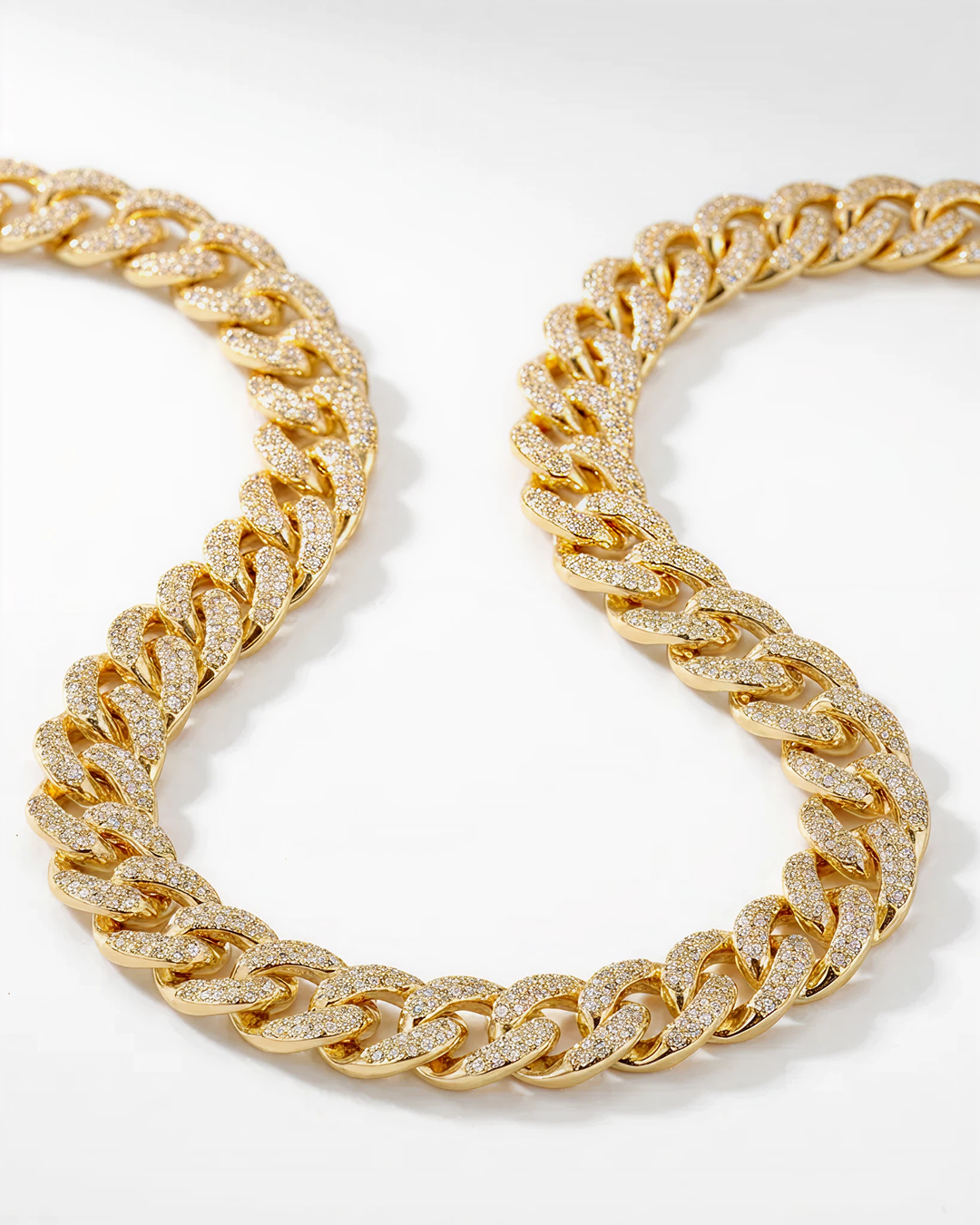 Cuban Link Chain Necklace with Pave Simulated Diamond 18" in Yellow Gold Plated Brass