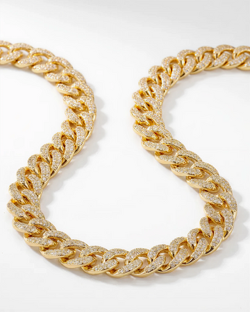 Cuban Link Chain Necklace with Pave Simulated Diamond 18" in Yellow Gold Plated Brass