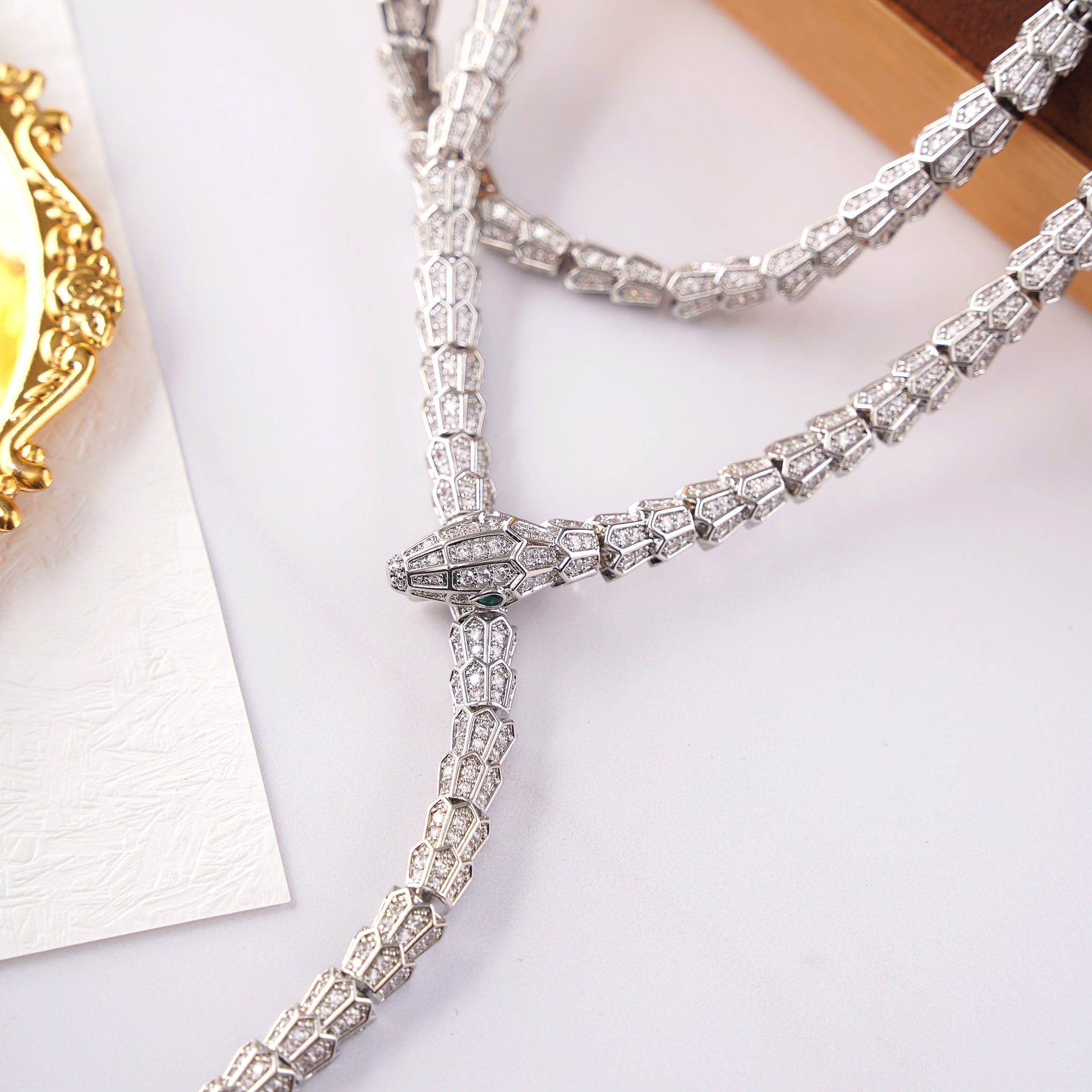 Designer Statement Snake Wrap Necklace with pave Diamond in Brass 36"- Stars and Vogue