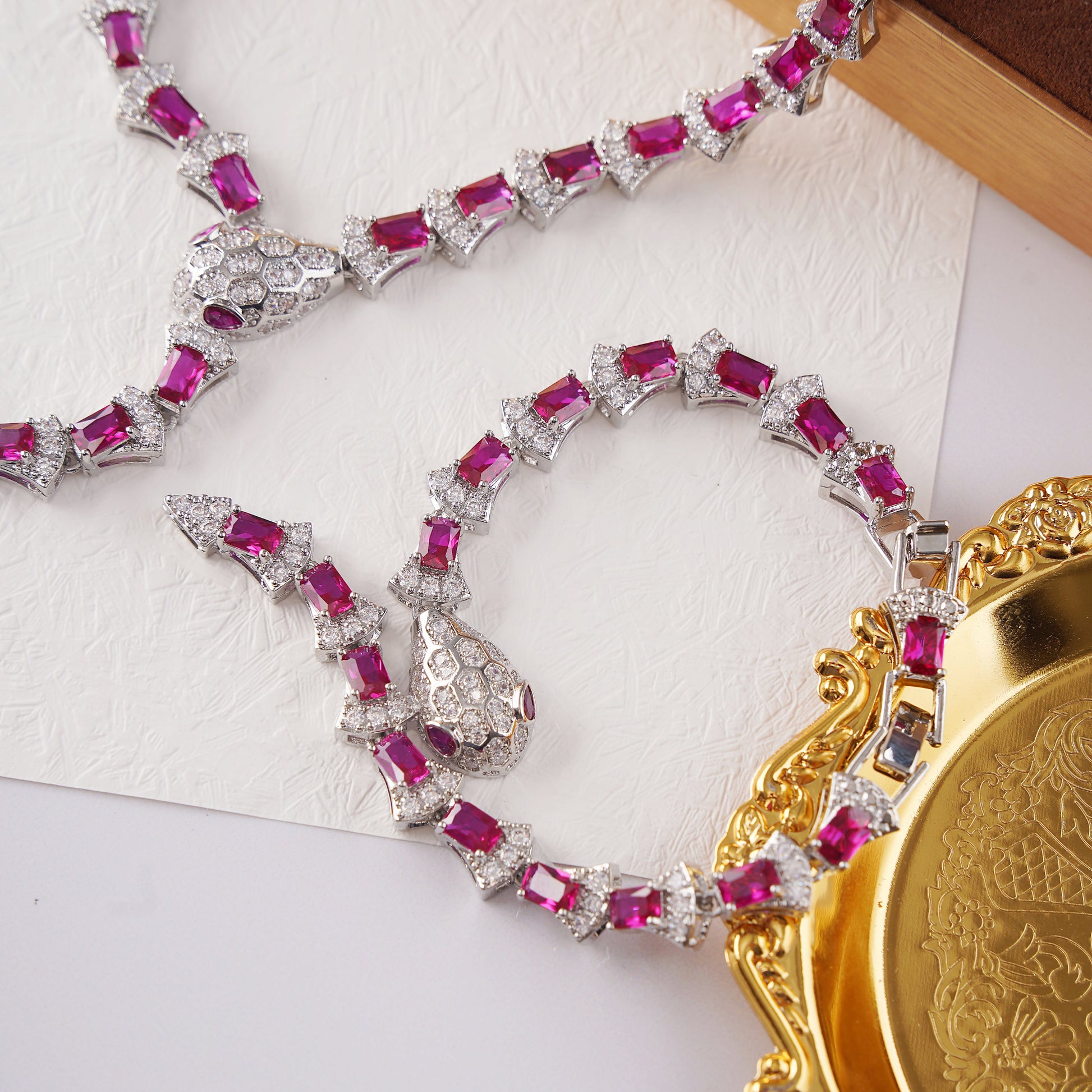 Statement Snake Necklace on Model in Pave Simulated Diamond and Simulated Ruby in Brass 17" and Extender- Stars and Vogue