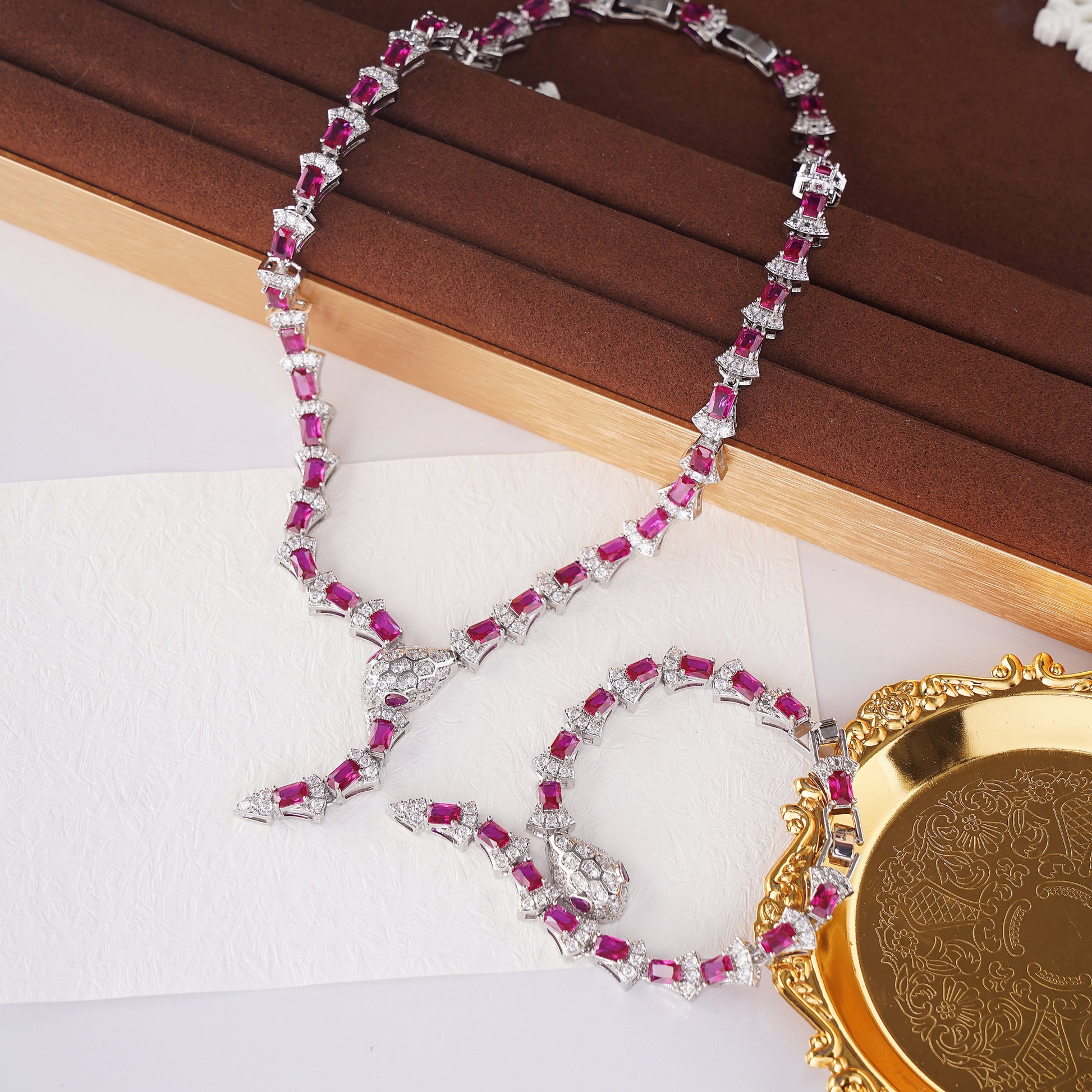 Statement Snake Bracelet on Model in Pave Simulated Diamond and Simulated Ruby in Brass 7.5"and Extender- Stars and Vogue