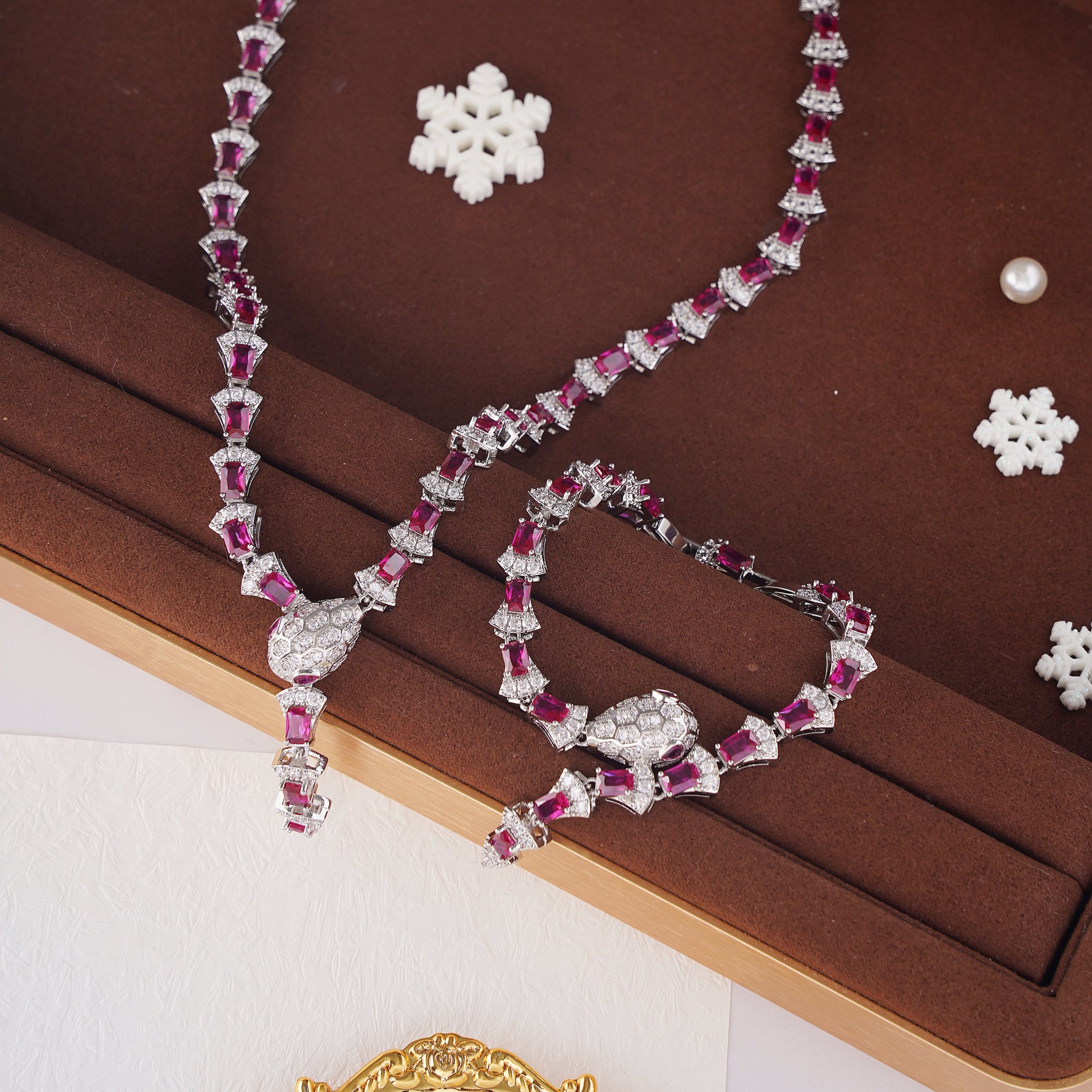 Statement Snake Necklace on Model in Pave Simulated Diamond and Simulated Ruby in Brass 17" and Extender- Stars and Vogue