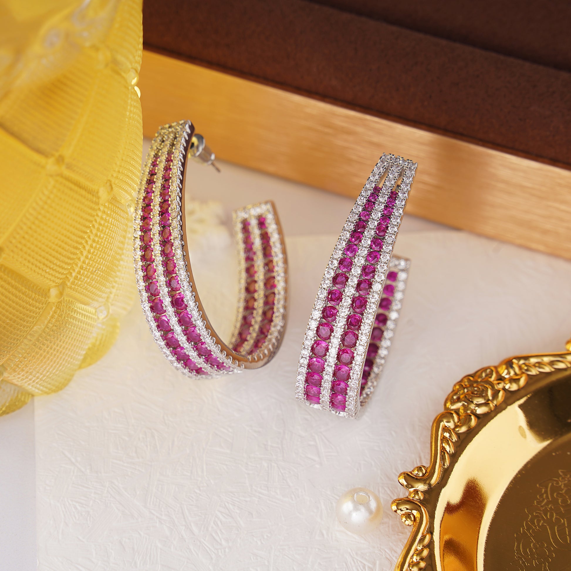 Inside out Statement Hoop Earring with Simulated Diamond and Ruby in Brass and Silver post- Stars and Vogue