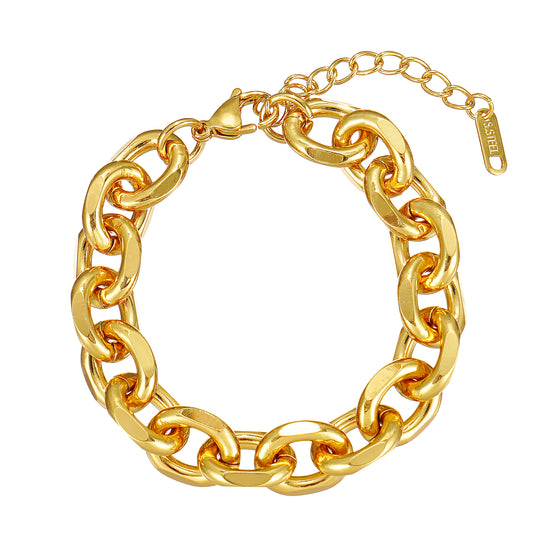 Chunky Cable Chain Bracelet in Stainless Steel with IP Yellow Gold 7"+2"- Stars and Vogue