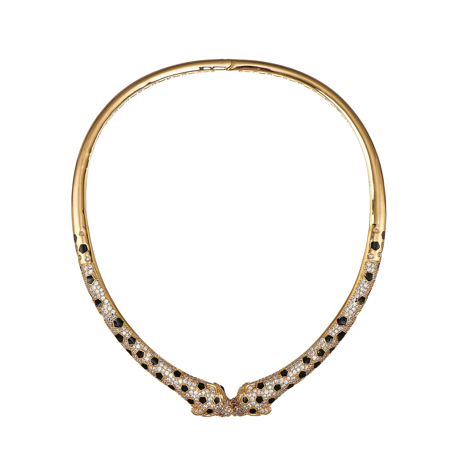 Leopard Choker Statement Hinge Necklace in Pave Simulated Diamond and Yellow Gold Over Brass 16"- Stars and Vogue