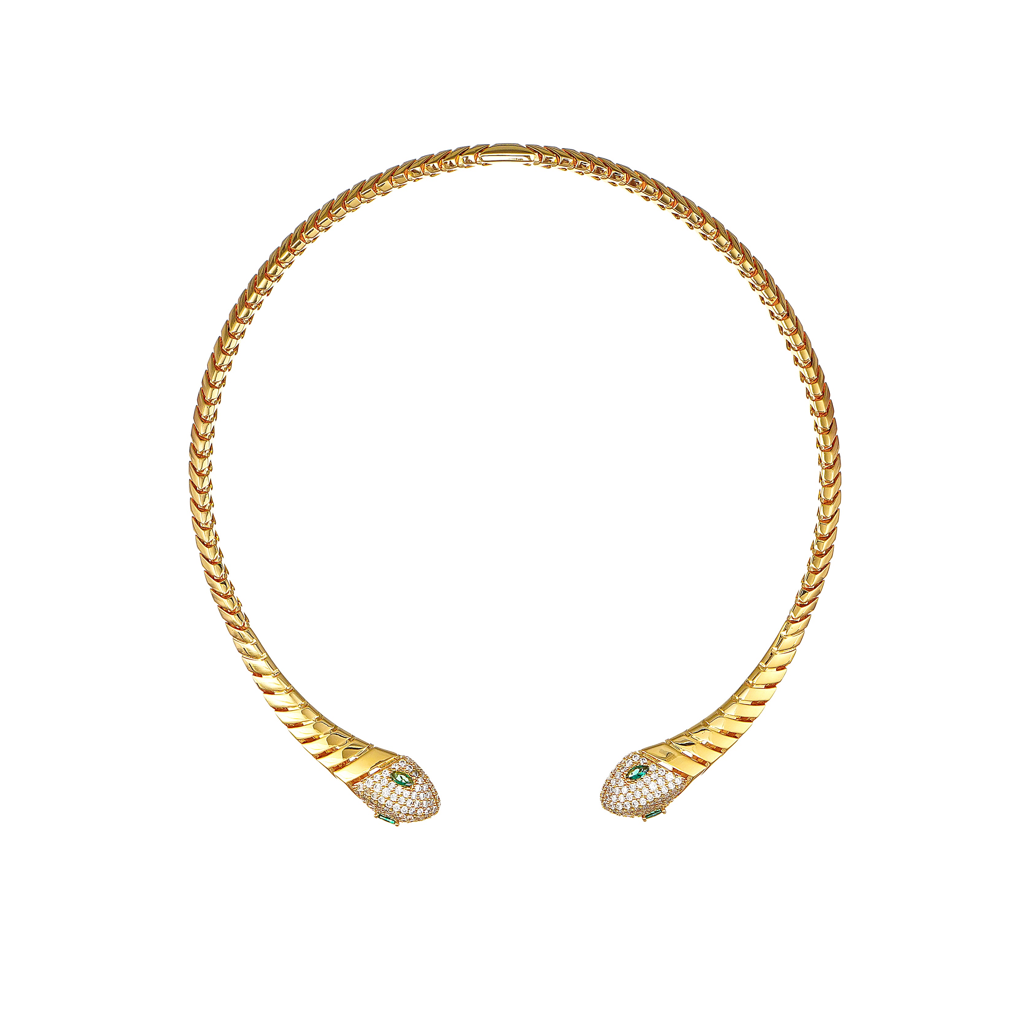 Snake Choker Statement Hinge Necklace with Pavé Simulated Diamonds in Yellow Gold Plated Brass 16"- Stars and Vogue
