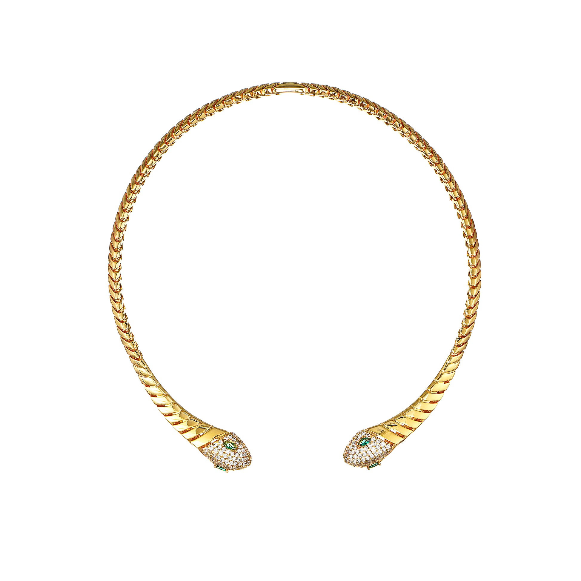 Snake Choker Statement Hinge Necklace with Pavé Simulated Diamonds in Yellow Gold Plated Brass 16"- Stars and Vogue