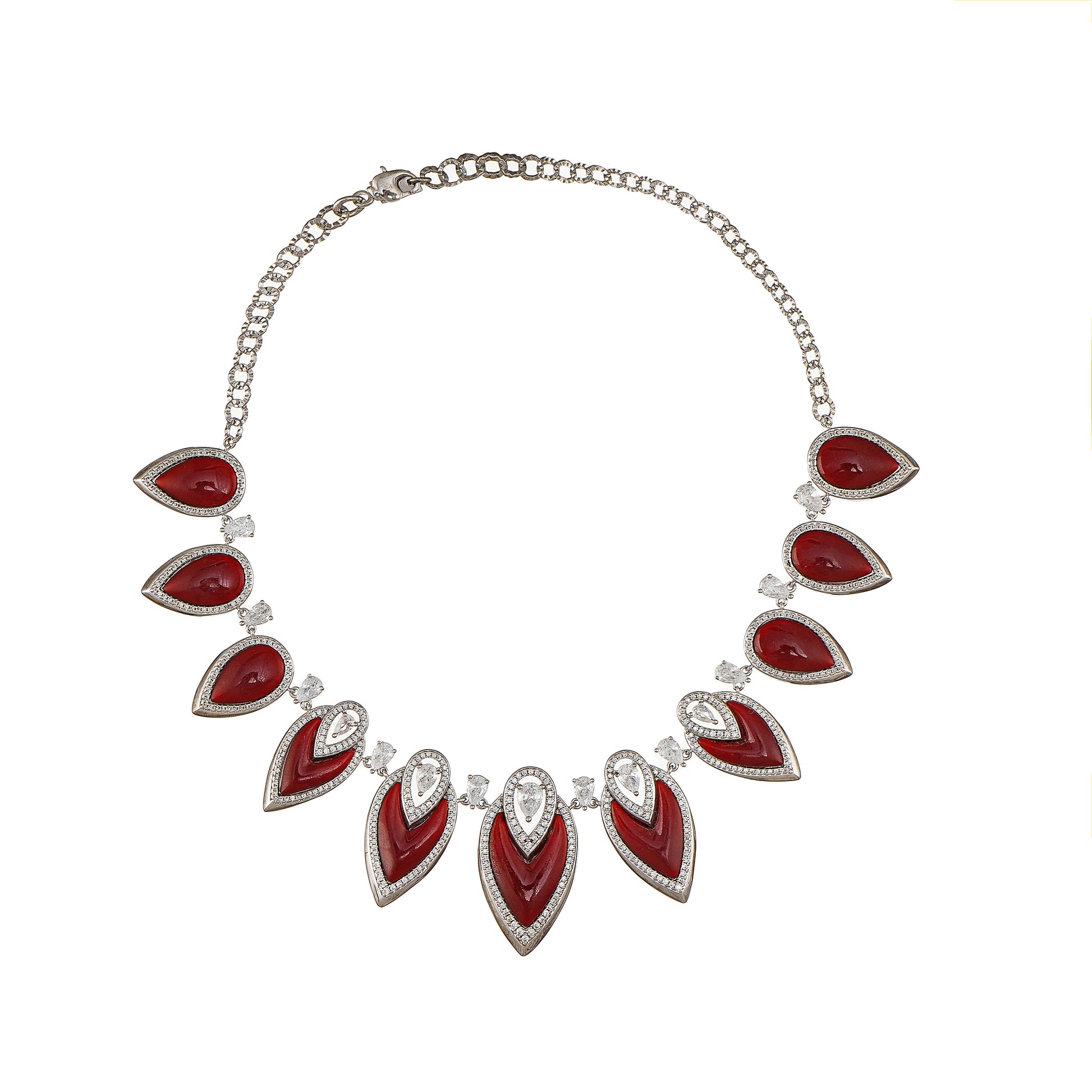 Designer Statement Necklace in Simulated Red Coral and Pave Simulated Diamond in Brass 16"+2"extender- Stars and Vogue