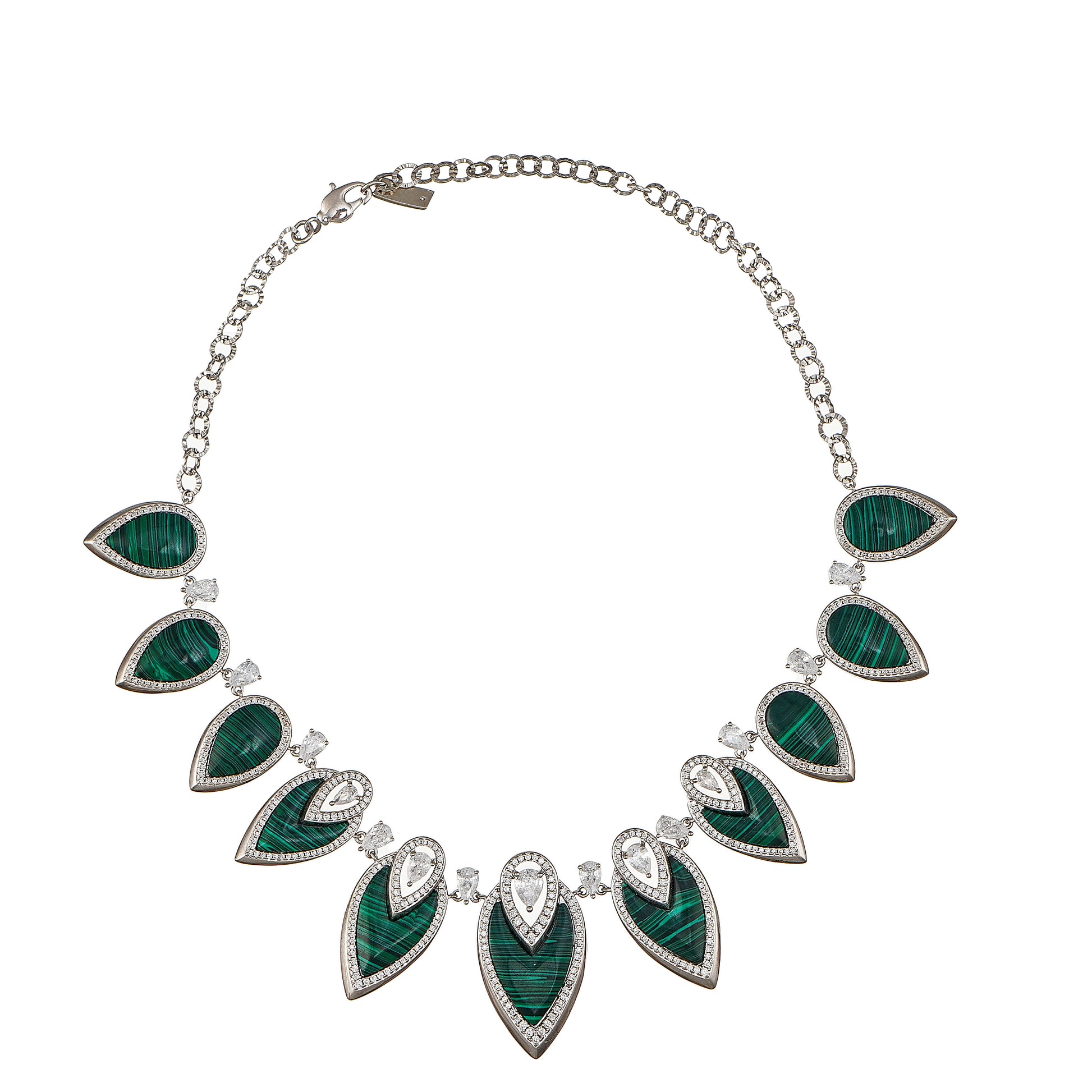 Designer Statement Necklace in Simulated Green Malachite and Pave Simulated Diamond in Brass 16"+2"extender- Stars and Vogue