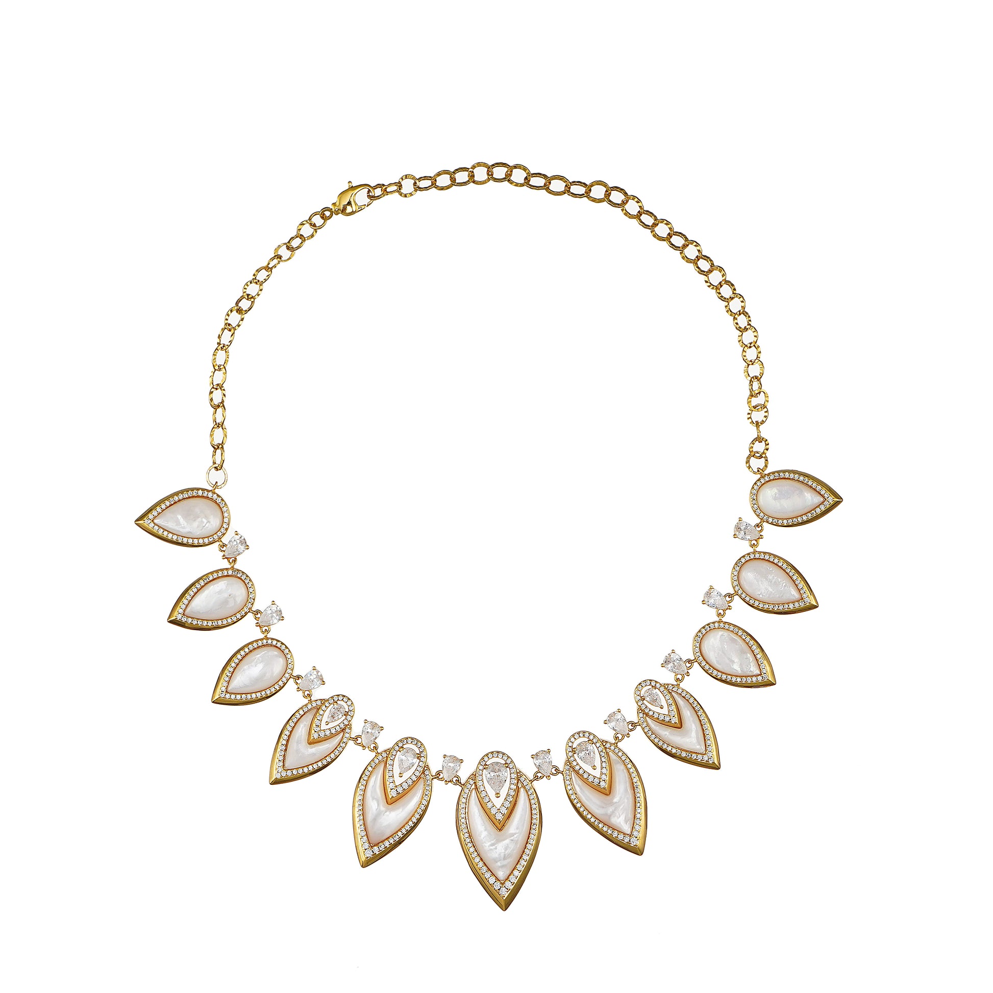 Designer Statement Necklace in Simulated White Mother of Pearl and Pave Simulated Diamond in Yellow Gold plated Brass 16"+2"extender- Stars and Vogue