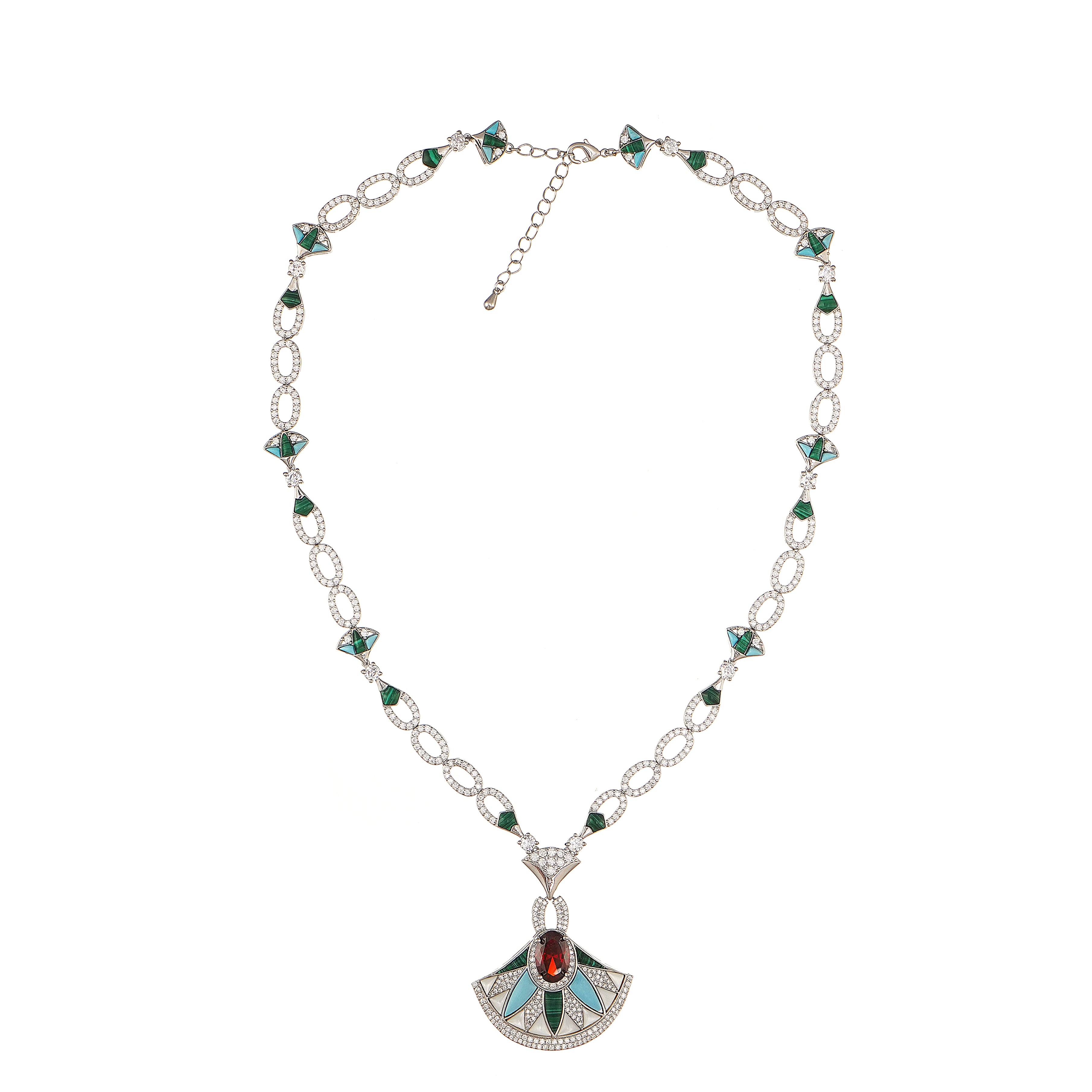 Designer Statement Fan Necklace in Mother of Pearl and Pave Simulated Diamond and Gemstone in Brass 18"+2" extender- Stars and Vogue