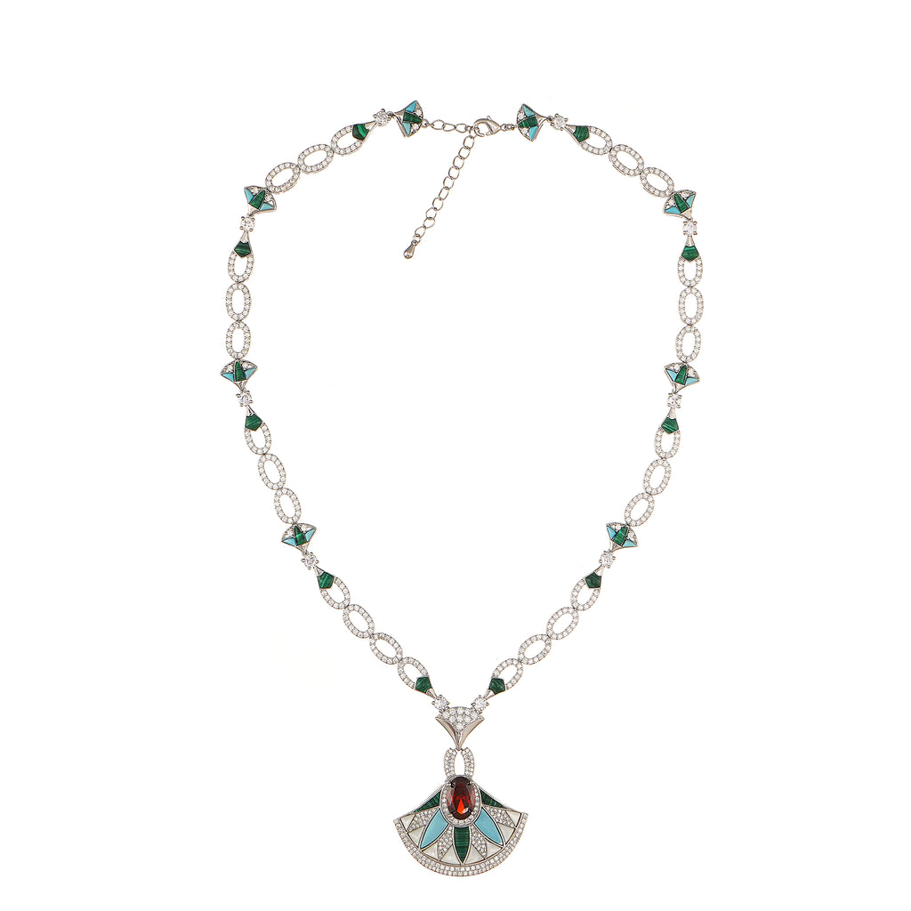Designer Statement Fan Necklace in Mother of Pearl and Pave Simulated Diamond and Gemstone in Brass 18"+2" extender- Stars and Vogue