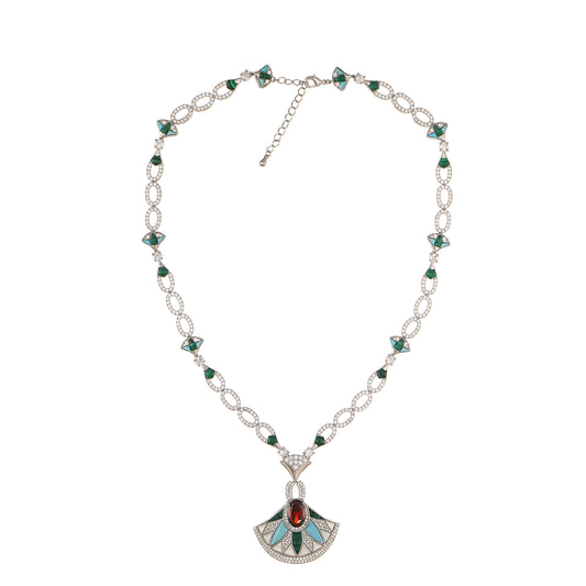 Designer Statement Fan Necklace in Mother of Pearl and Pave Simulated Diamond and Gemstone in Brass 18"+2" extender- Stars and Vogue