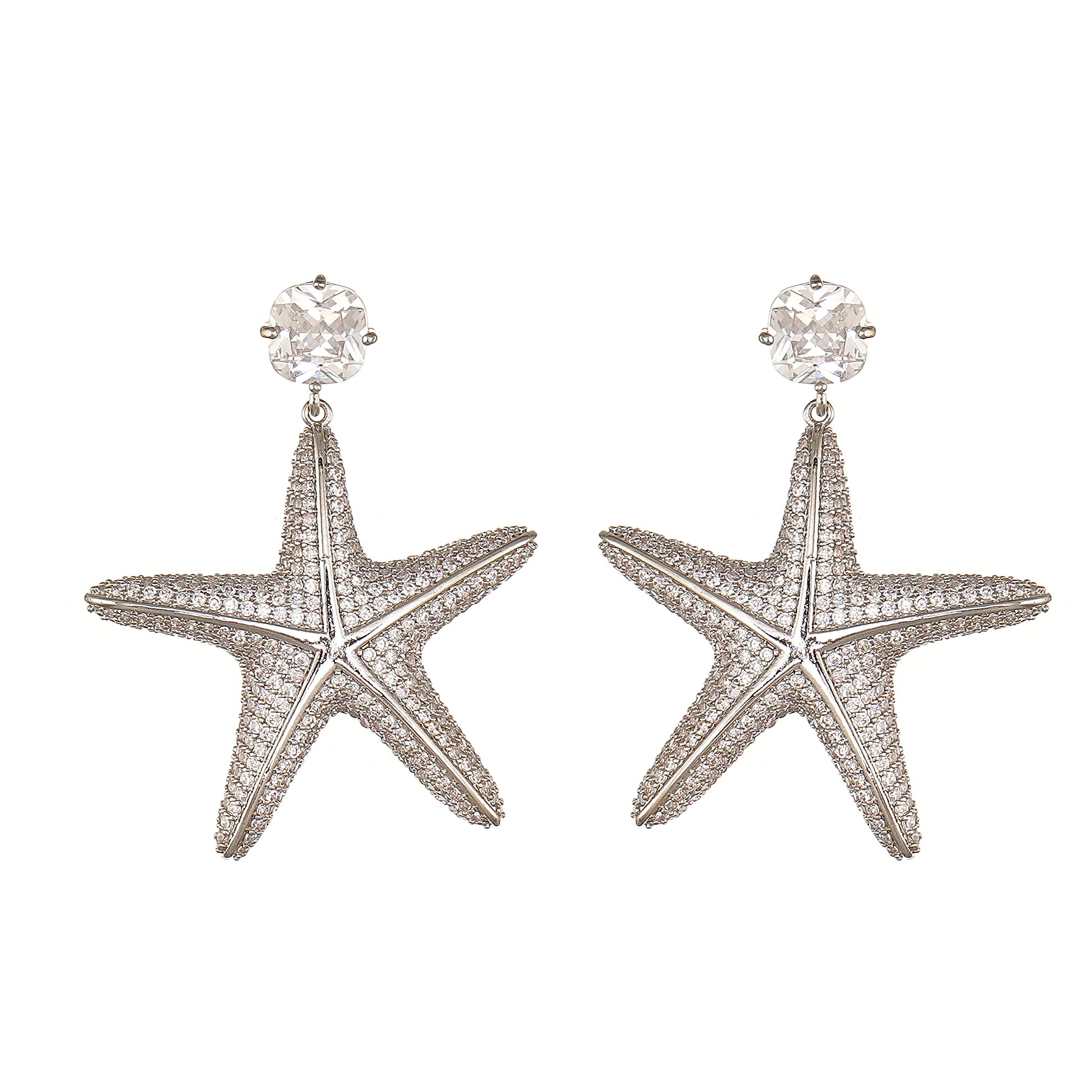Statement Starfish earring with Pave Simulated Diamond in Brass with Silver Findings 2.15"- Stars and Vogue