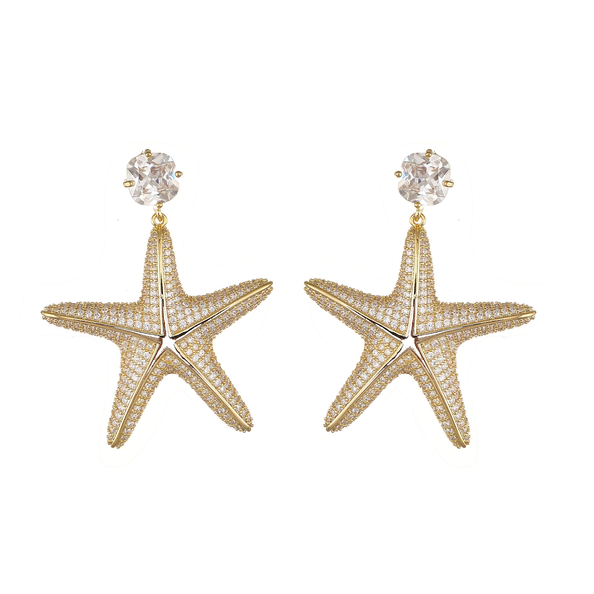 Statement Starfish earring with Pave Simulated Diamond in Yellow Gold Over Brass with Silver Findings 2.15"- Stars and Vogue