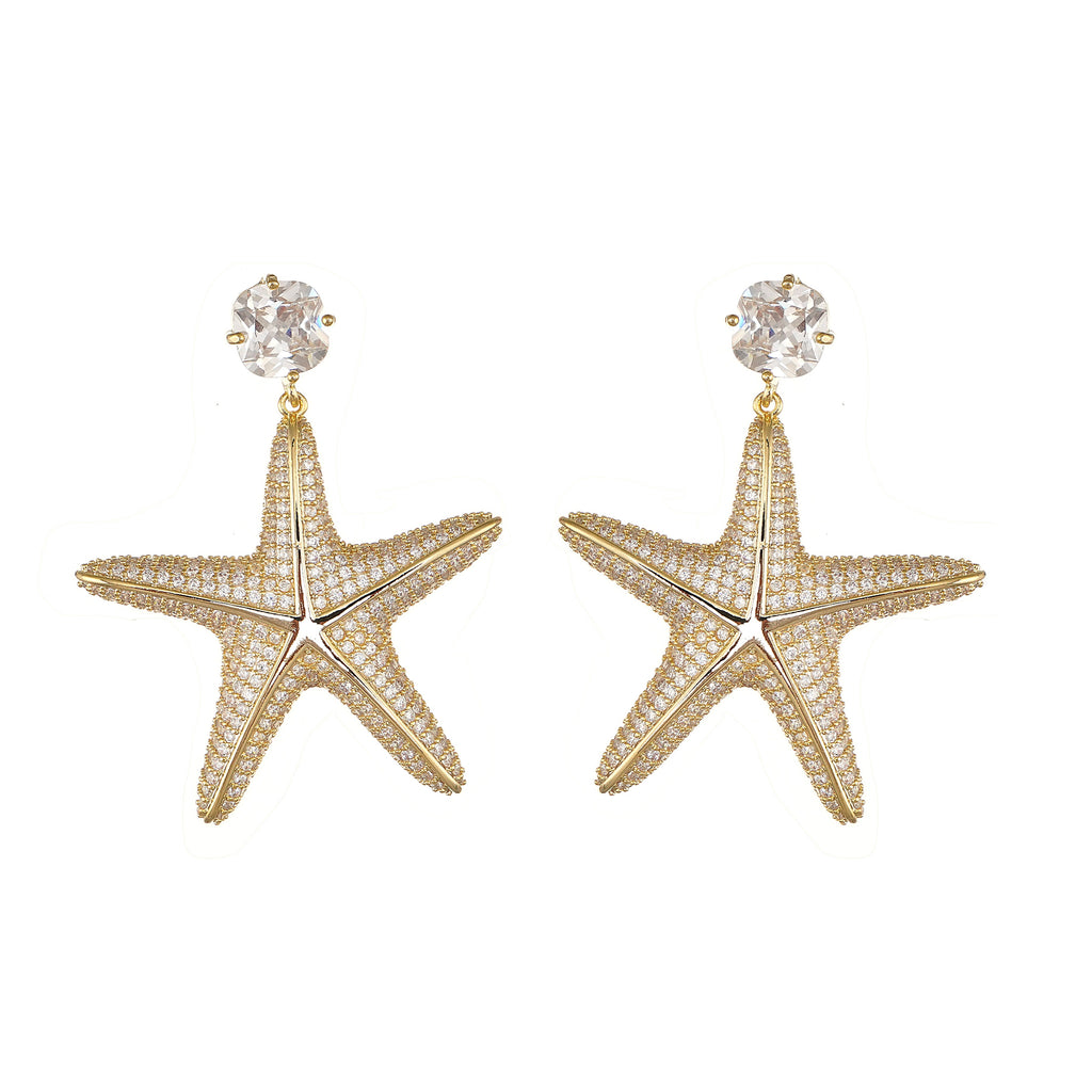 Statement Starfish earring with Pave Simulated Diamond in Yellow Gold Over Brass with Silver Findings 2.15"- Stars and Vogue