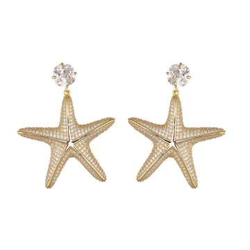 Statement Starfish earring with Pave Simulated Diamond in Yellow Gold Over Brass with Silver Findings 2.15"- Stars and Vogue