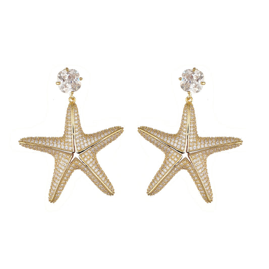 Statement Starfish earring with Pave Simulated Diamond in Yellow Gold Over Brass with Silver Findings 2.15"- Stars and Vogue