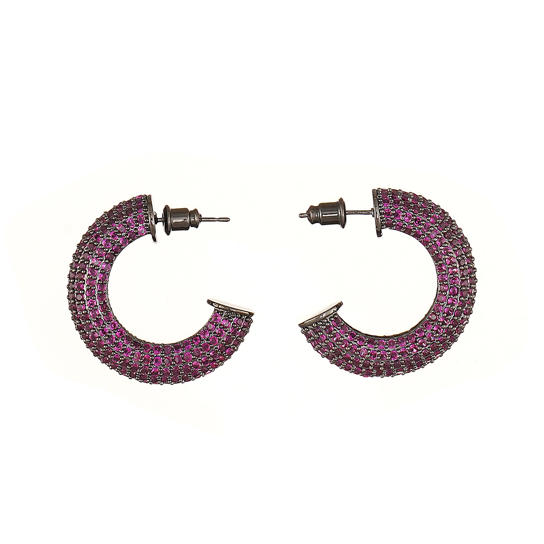 Hoop Earring with Pave Simulated Red Diamond in Brass and Silver Post- Stars and Vogue