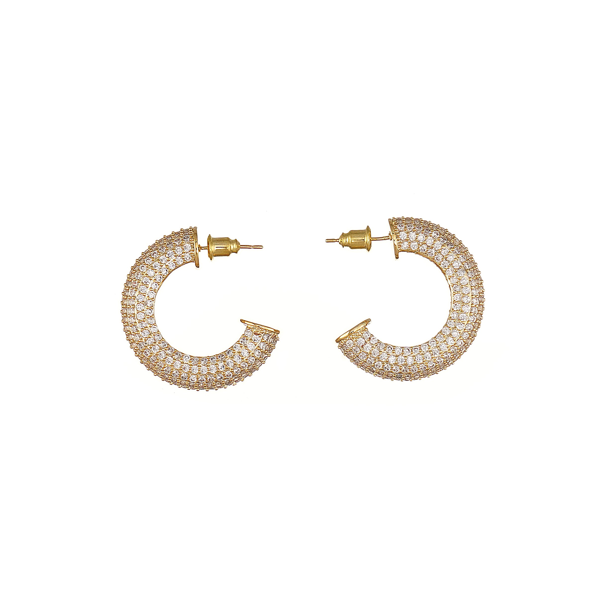 Hoop Earring with Pave Simulated Diamond in Brass and Silver Post and Yellow Gold Plated- Stars and Vogue