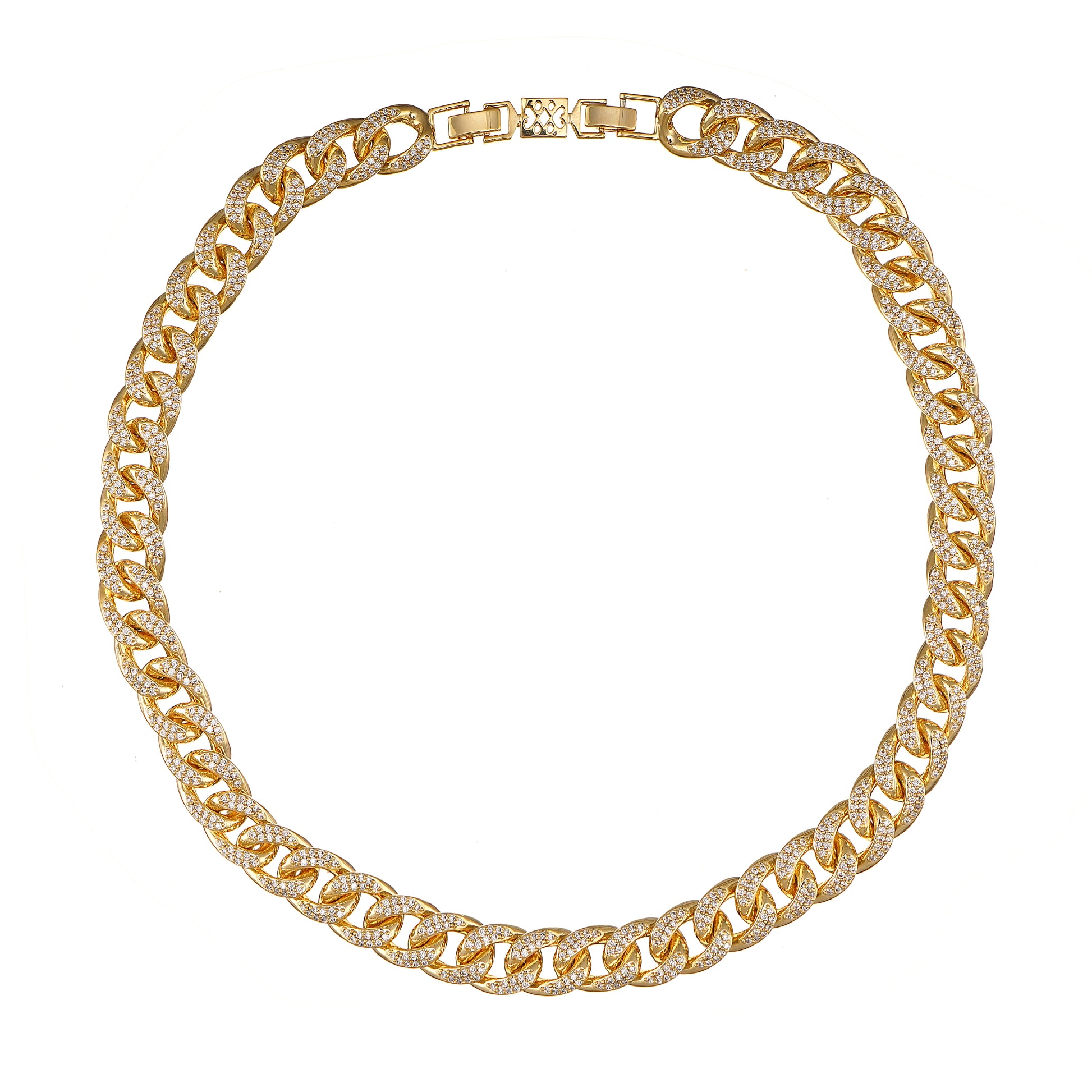 Cuban Link Chain Necklace with Pave Simulated Diamond 18" in Yellow Gold Plated Brass- Stars and Vogue