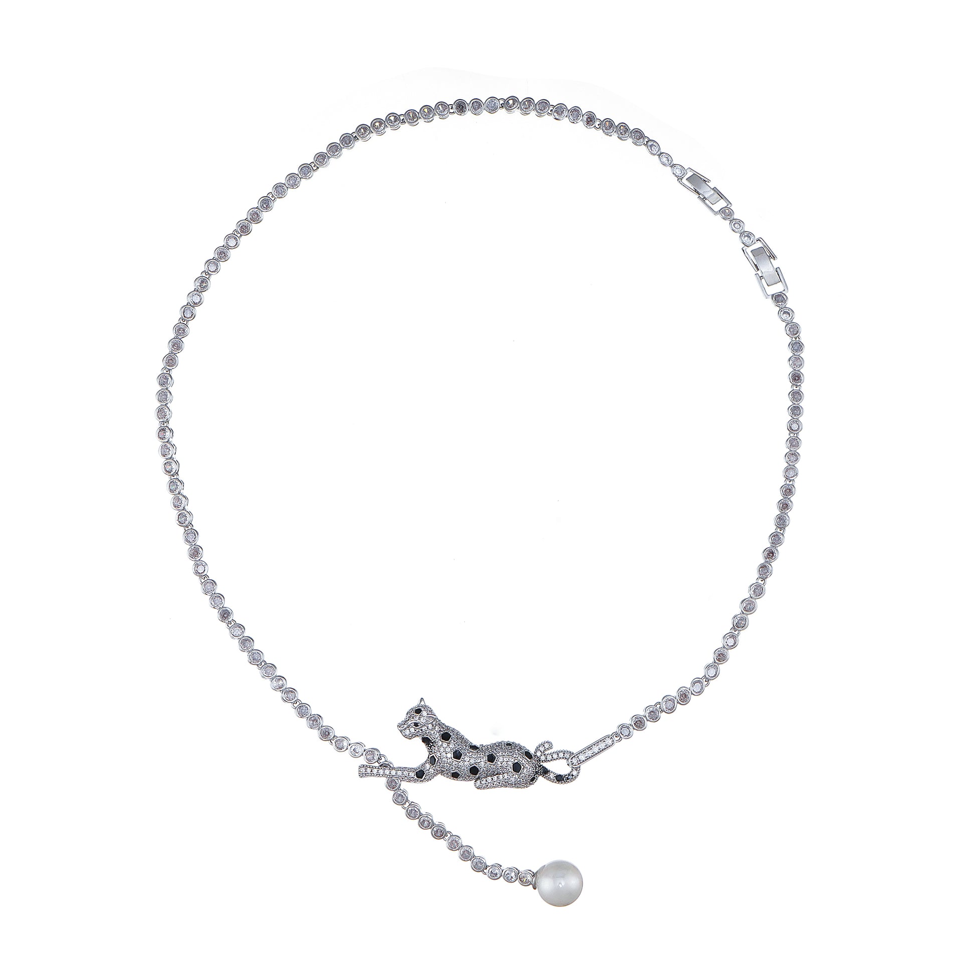 Leopard Adjustable Length Necklace with Pave Simulated Diamond and Pearl 24"- Stars and Vogue