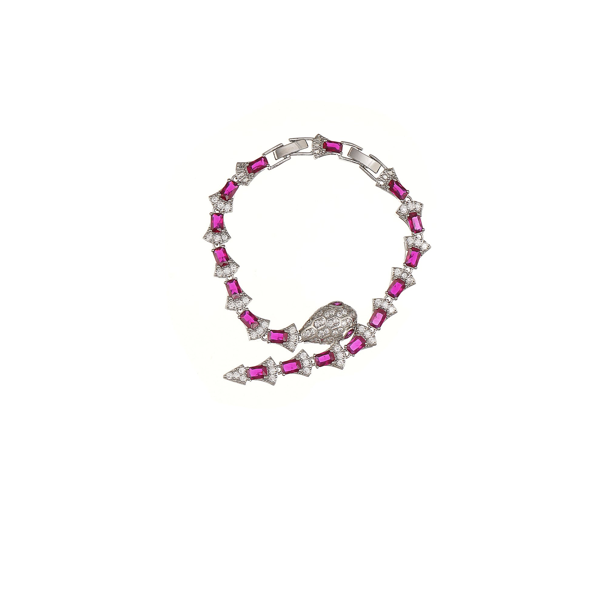 Statement Snake Bracelet in Pave Simulated Diamond and Simulated Ruby in Brass 7.5"and Extender- Stars and Vogue