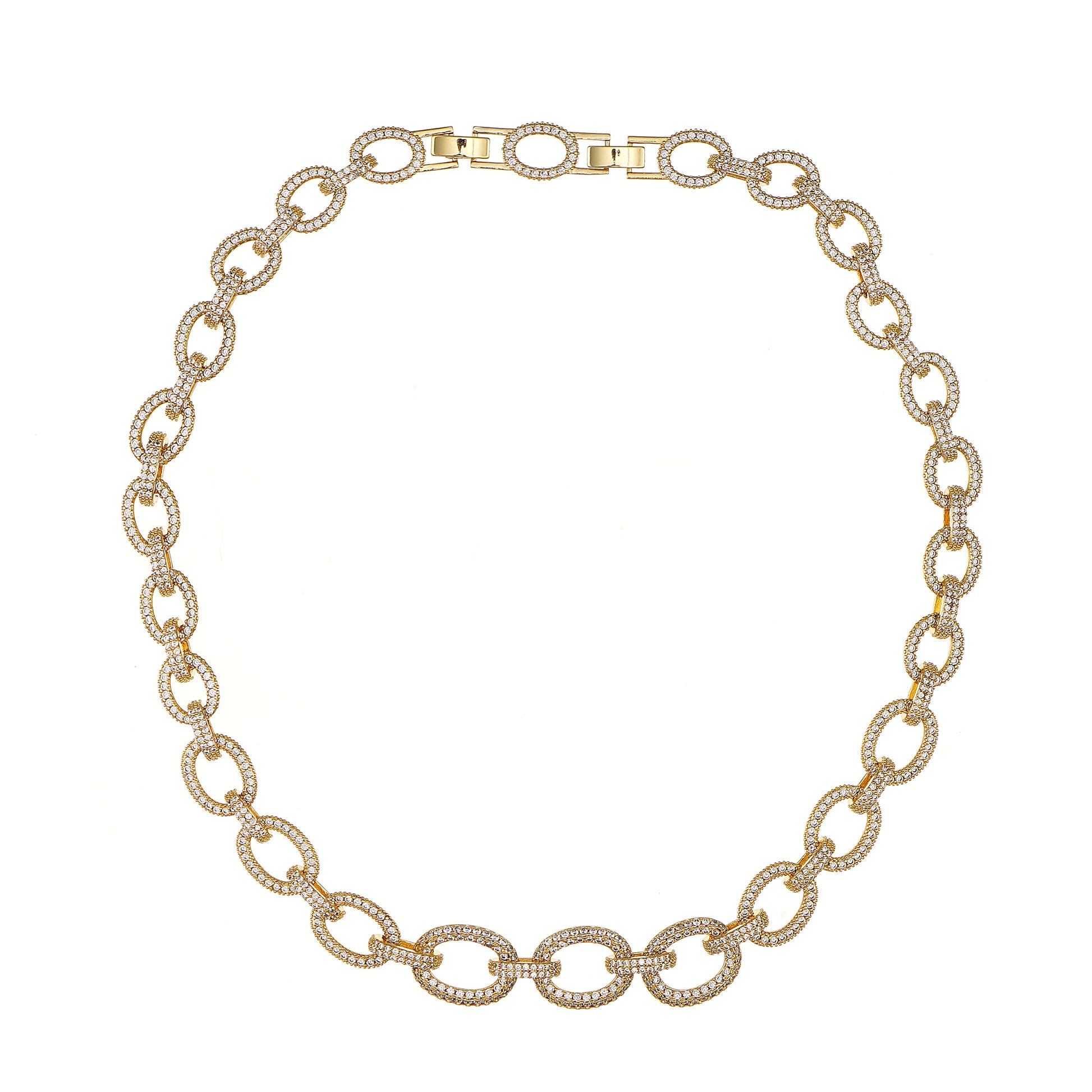 Gold Link Pave Chain in Simulated Diamond and Brass in Yellow gold Plating 18"- Stars and Vogue