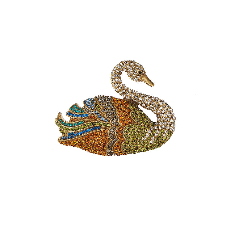 Luxury Statement Swan Brooch Pin Jewelry with Simulated Multicolor Gemstone in Yellow Gold over Brass- Stars and Vogue