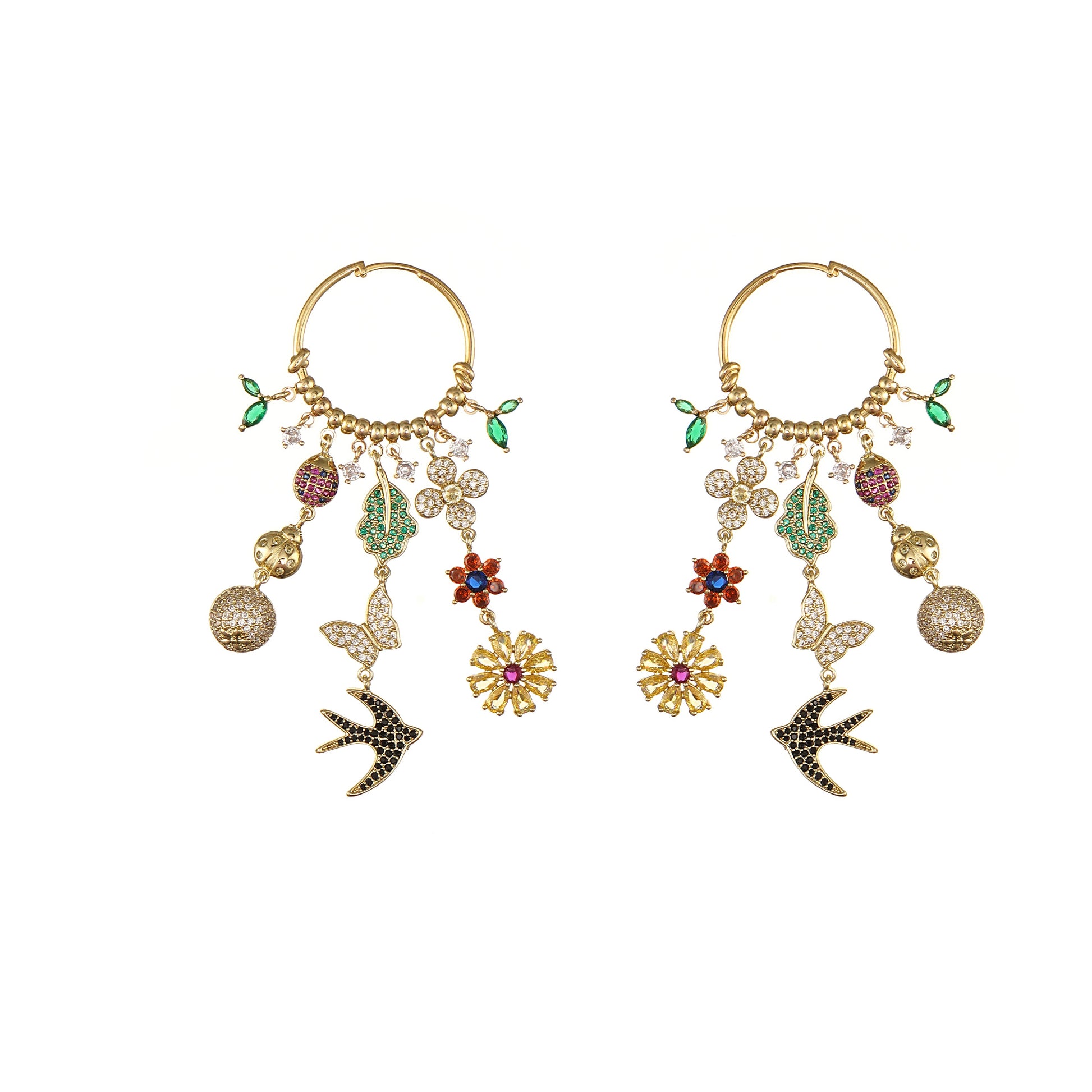 Whimsy Charm Statement Hoop Earrings in Pave Simulated Diamond and Multi Gemstone in Yellow Gold Over Brass-Stars and Vogue