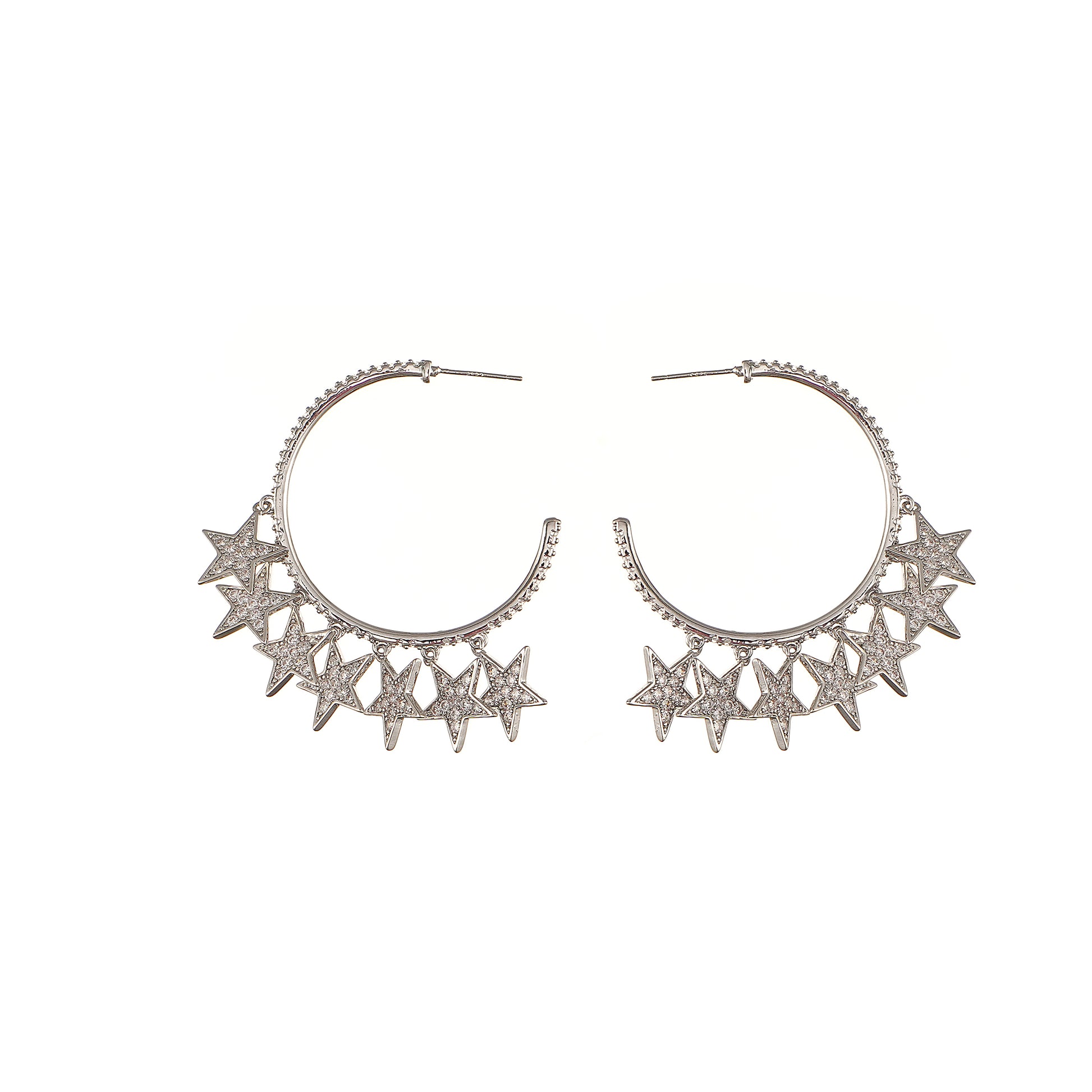 Stars Charm Hoop Earring with Pave Simulated Diamond in Brass and Silver Post- Stars and Vogue